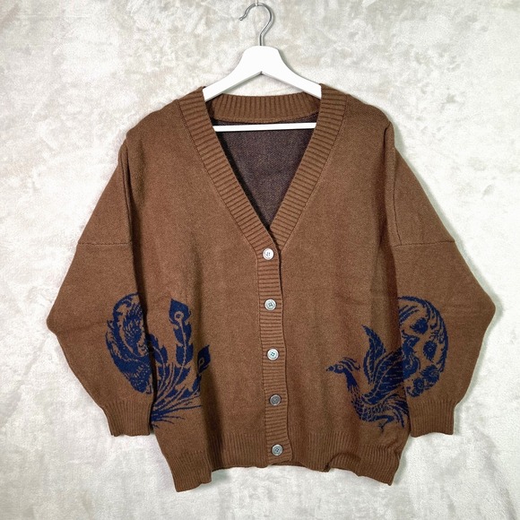 The Unbranded Brand Sweaters - Phoenix Bird Cardigan Button Down XL Sweater Blue Brown Boxy Indie Hipster Boho